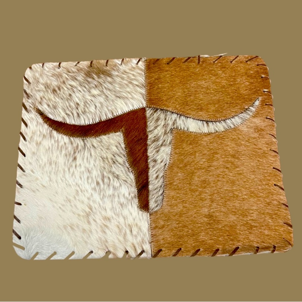 Genuine Cowhide longhorn placemat Leather backing and stitching 14 x18 inches